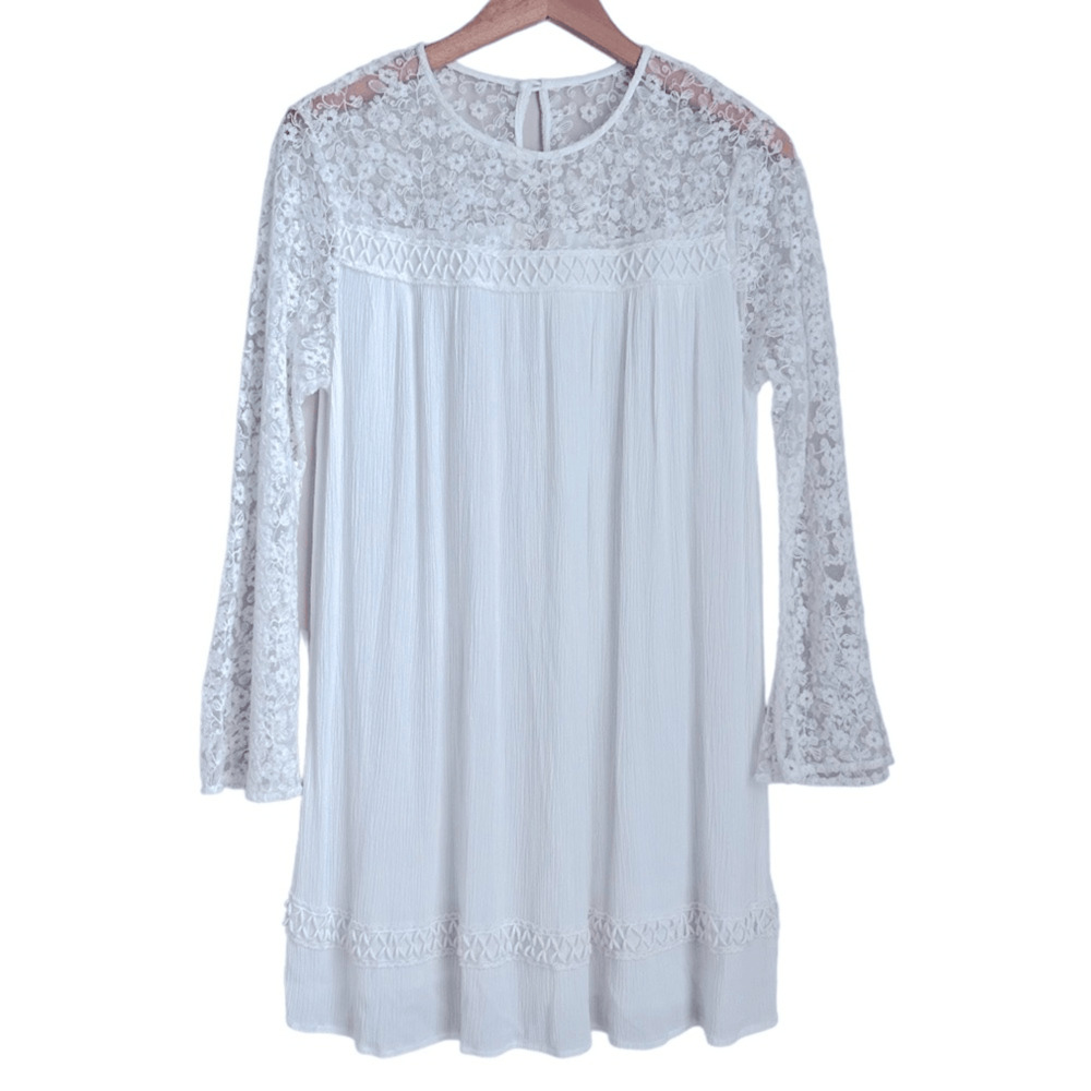 Indigo Soul White Lace Shift Dress 90s Boho Bachelorette Bell Sleeve M